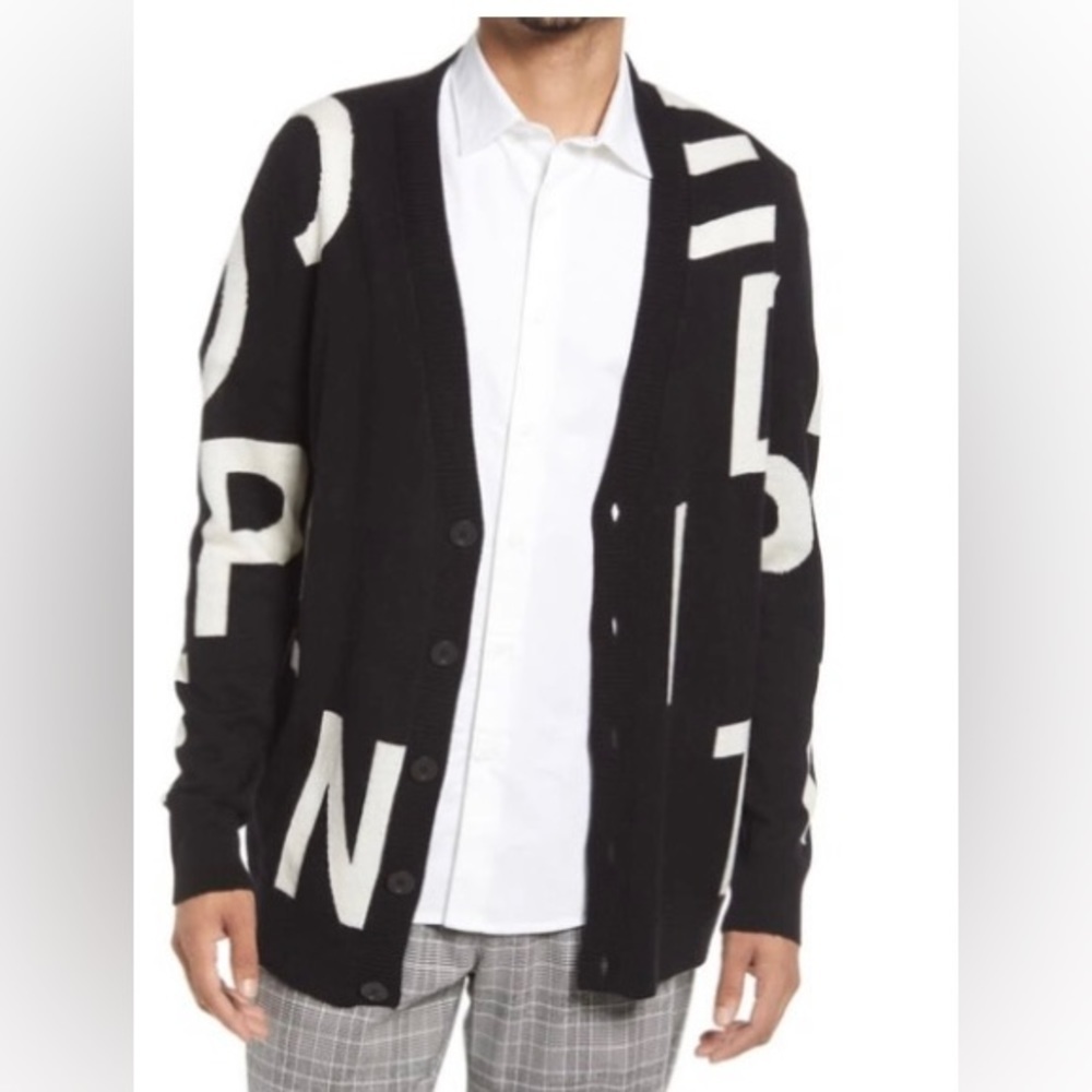✨Open Edit Black White Text Wool Blend Cardigan Sweater✨  NWT